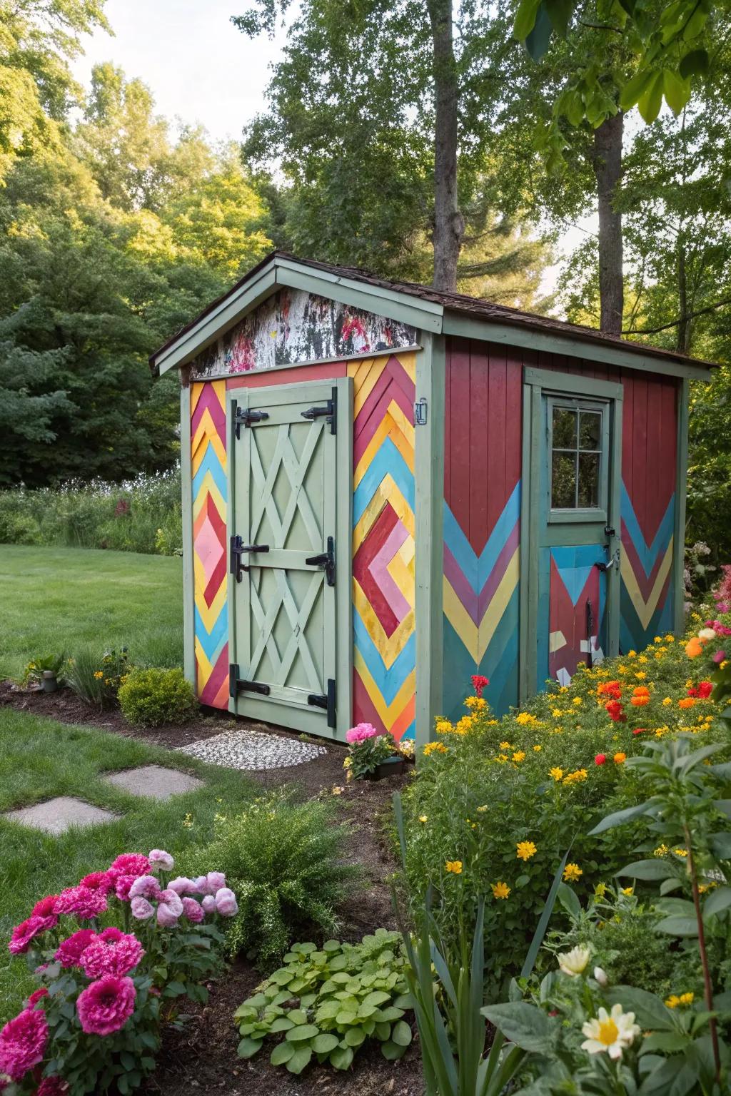 A creative paint job turns your shed into a garden feature.