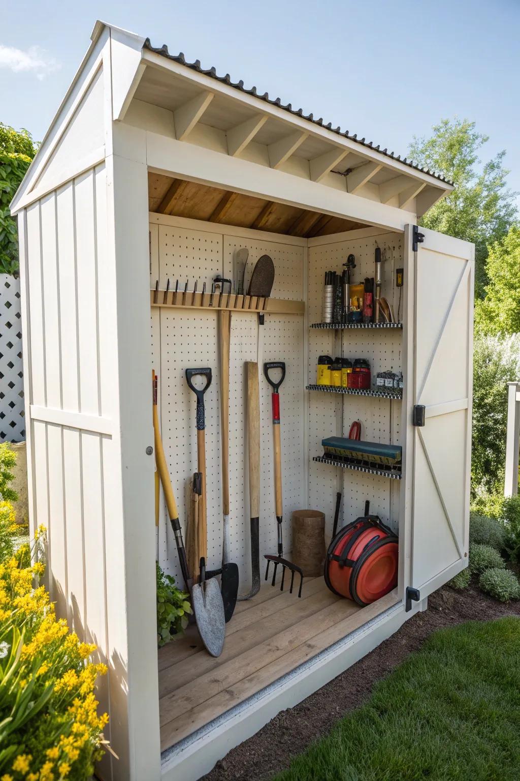 A built-in tool rack for a tidy and efficient shed.