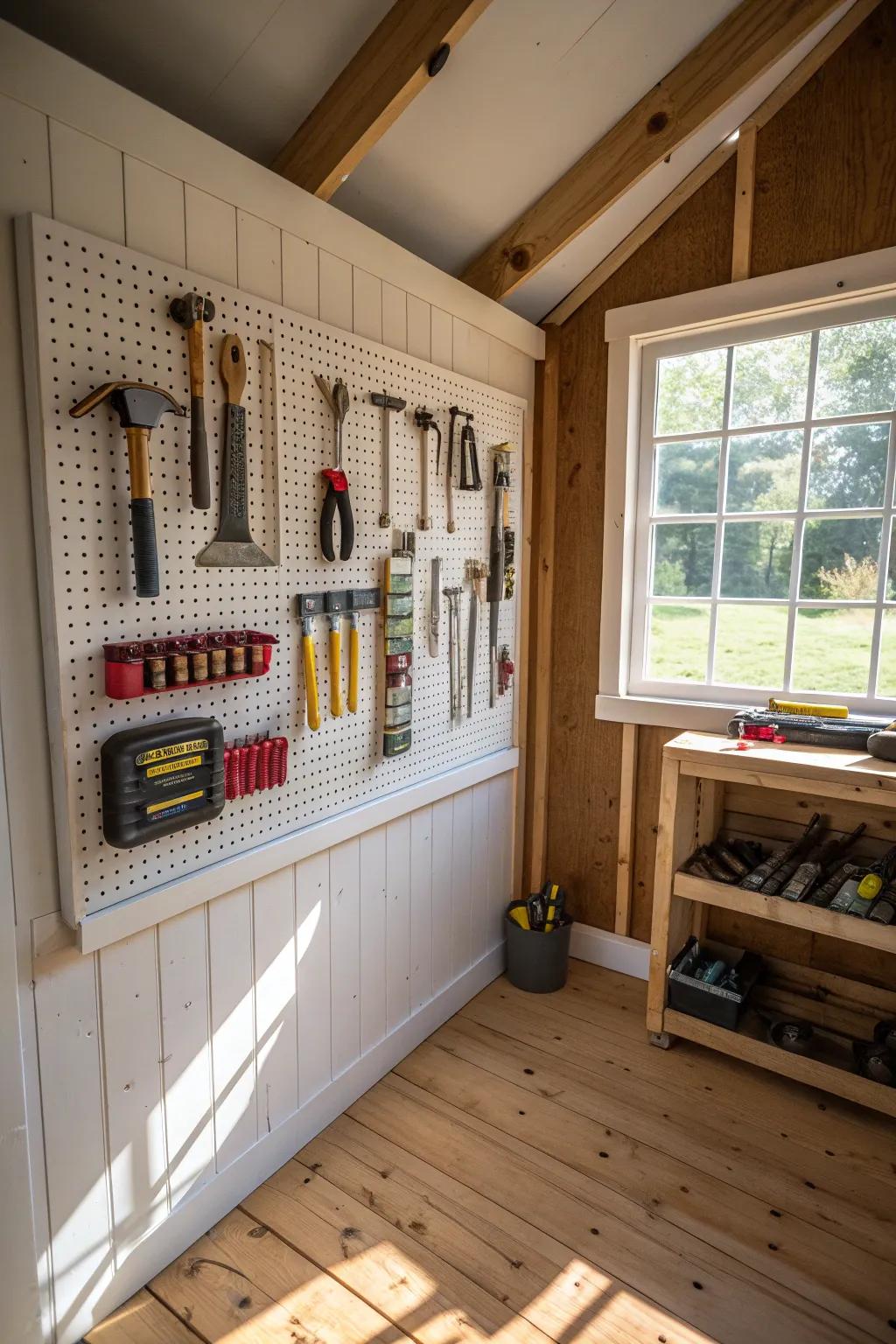 A pegboard wall keeps tools organized and easily accessible.