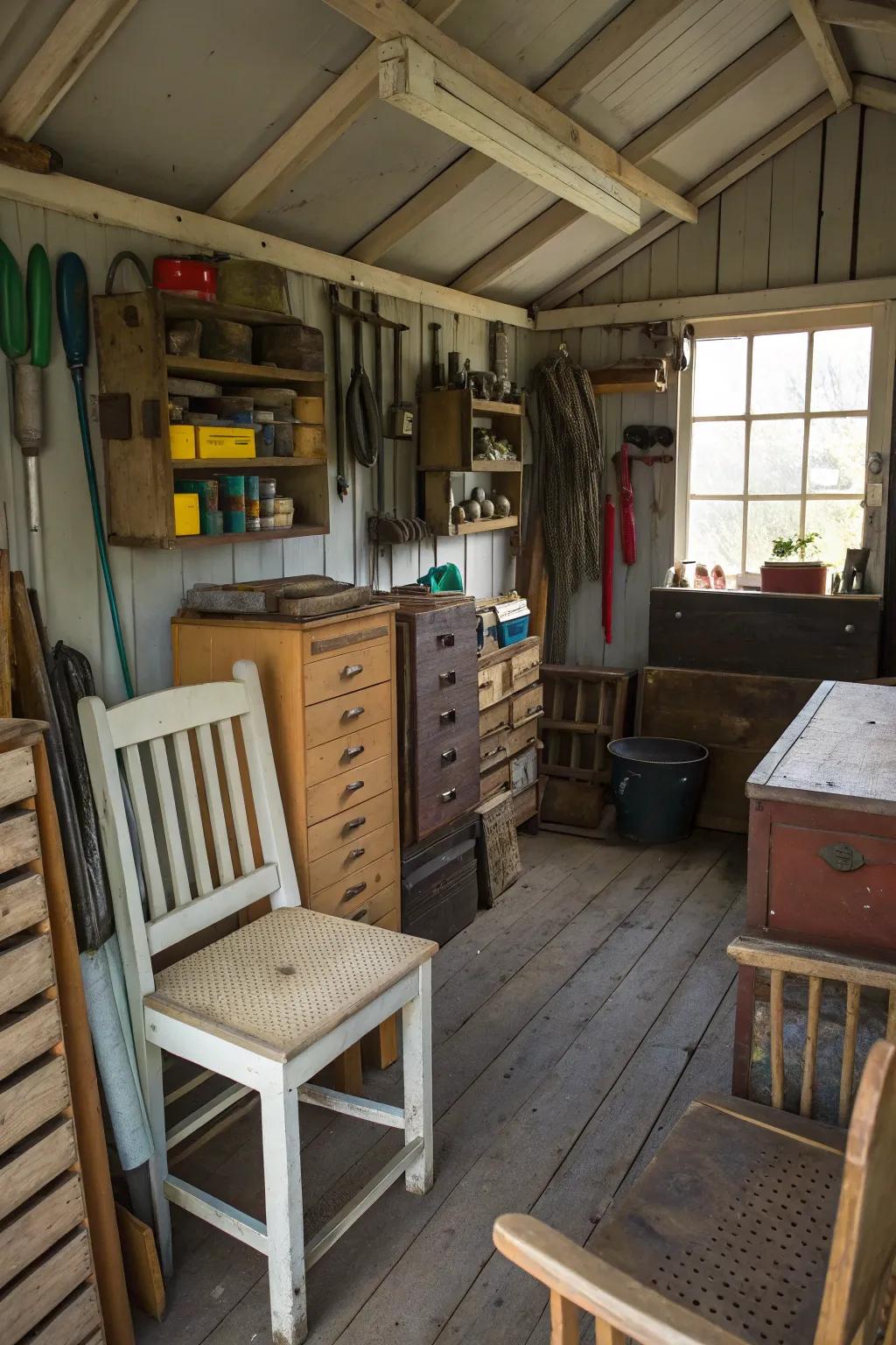 Repurposed furniture adds character and storage.