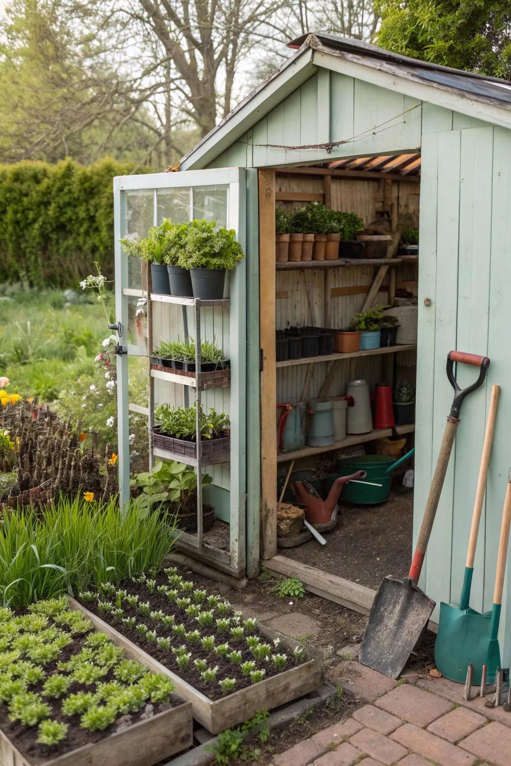 A mini-greenhouse within a shed for plant nurturing.