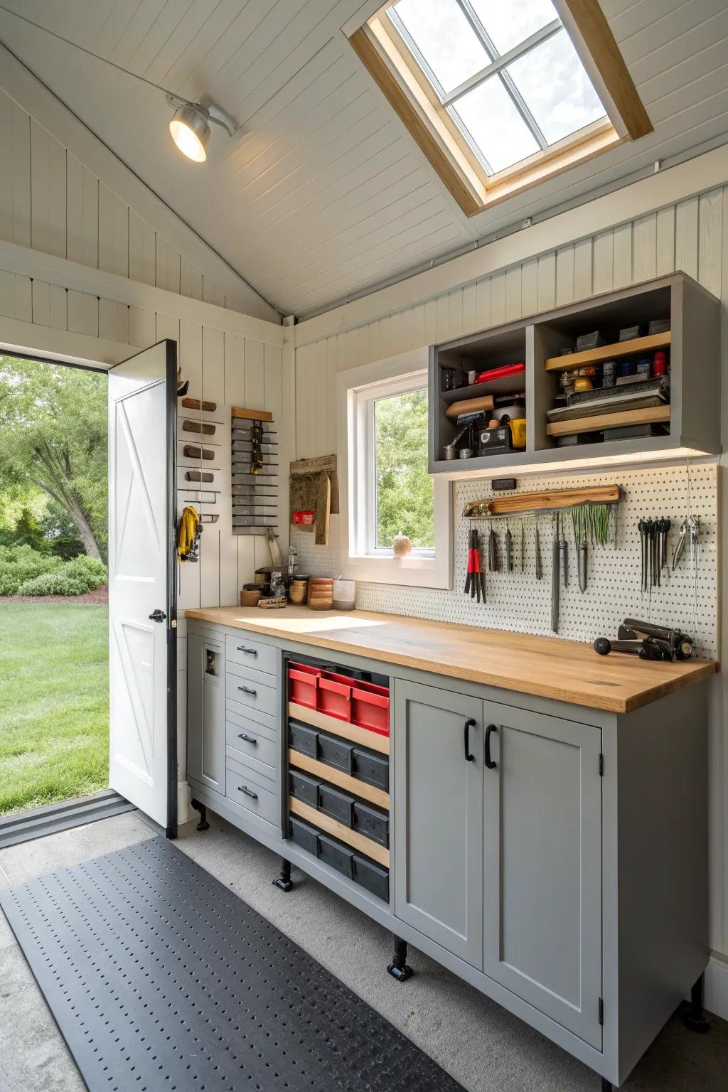 A multi-functional shed for work and storage.