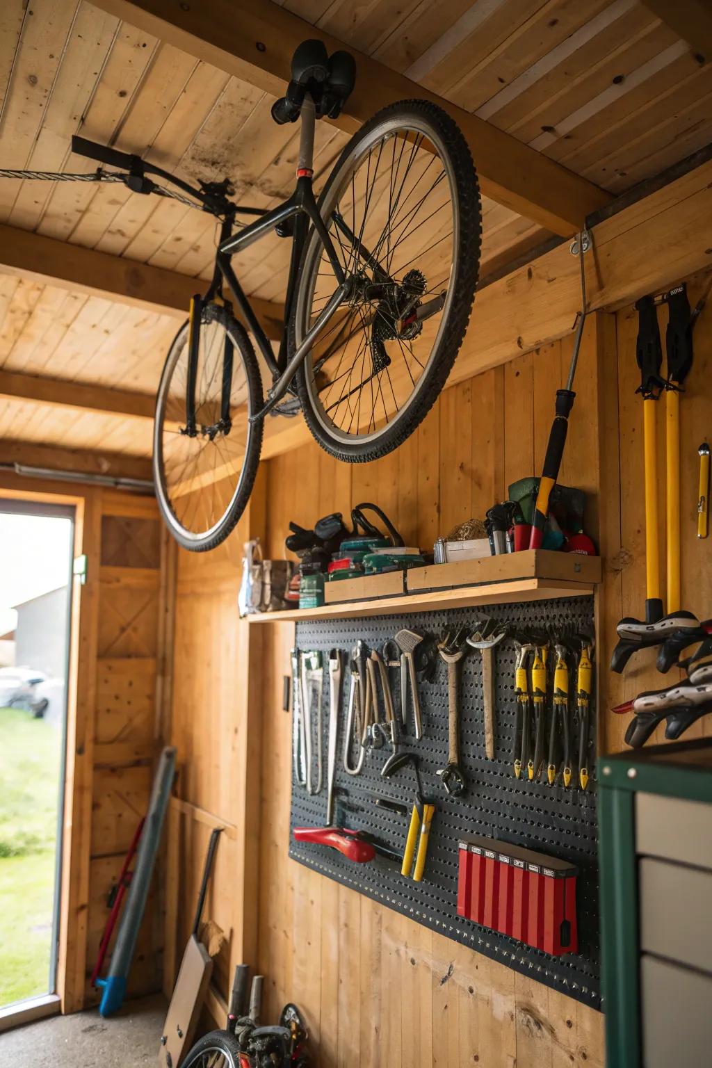 Ceiling hooks make use of vertical space efficiently.