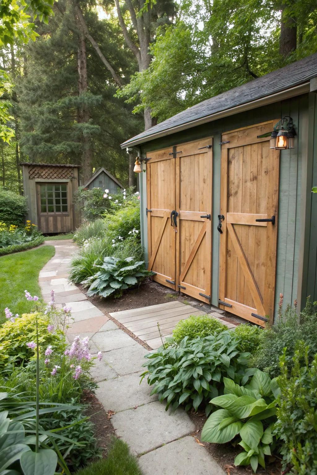 Sliding barn doors add rustic charm to your shed.