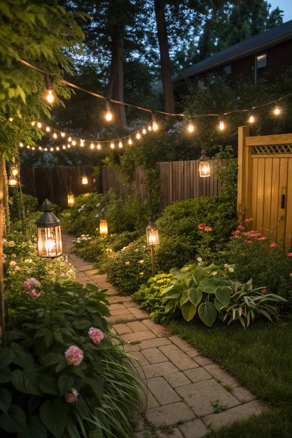 Decorative lighting adds a magical touch to a small garden.