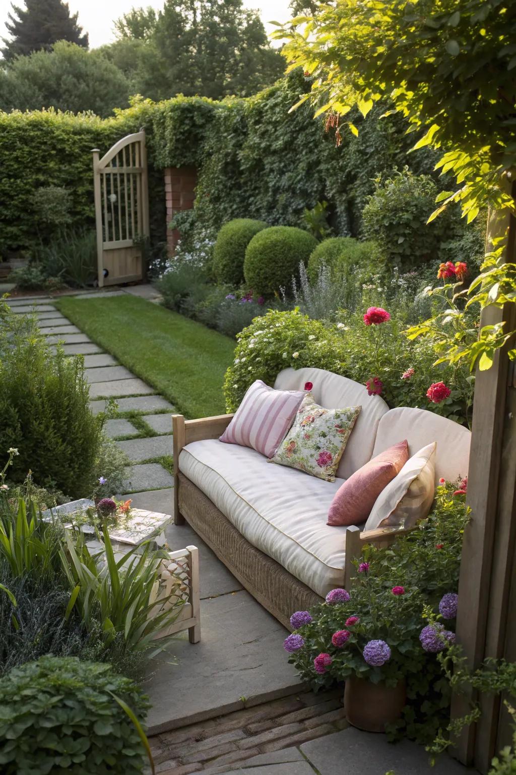 A cozy seating area invites relaxation in a small garden.