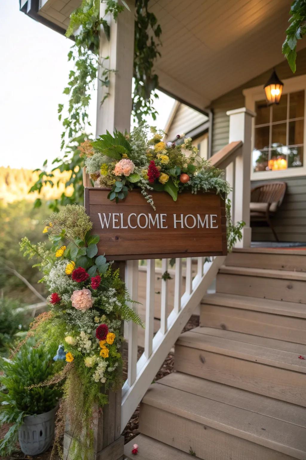 A floral sign offering a warm, natural welcome.