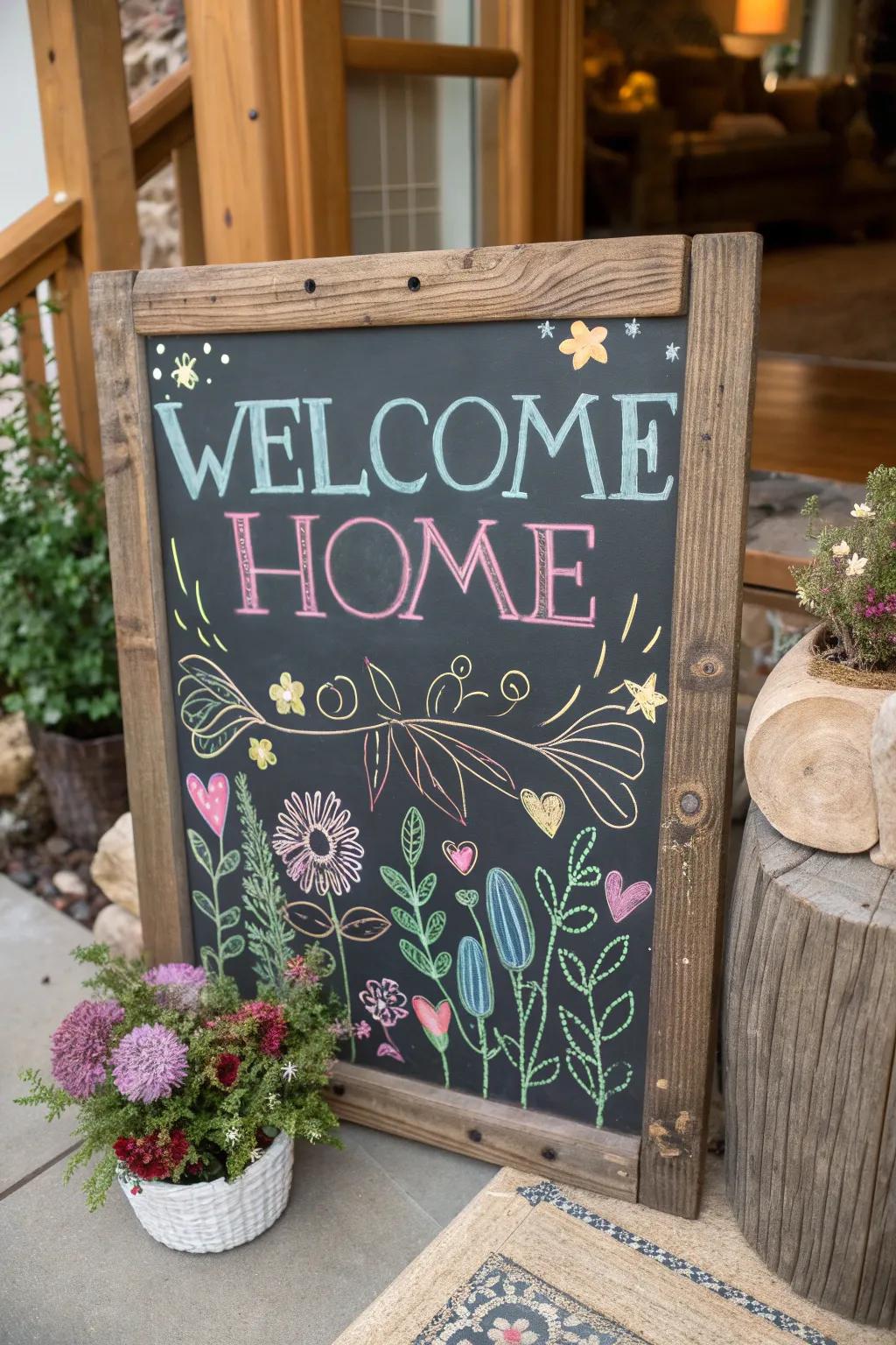 A creative chalkboard sign with personalized messages.