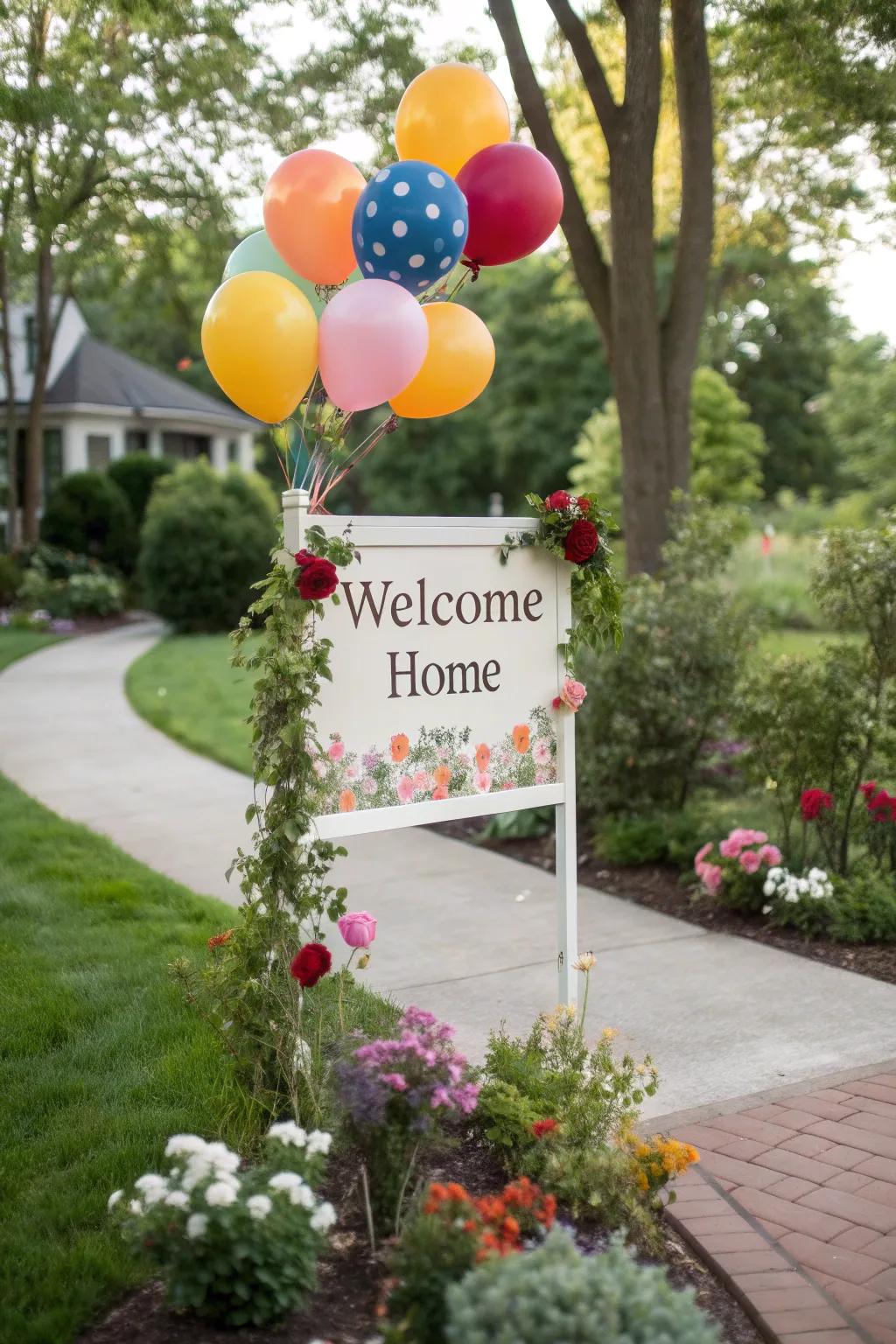 A vibrant balloon arrangement enhances a welcome home sign.