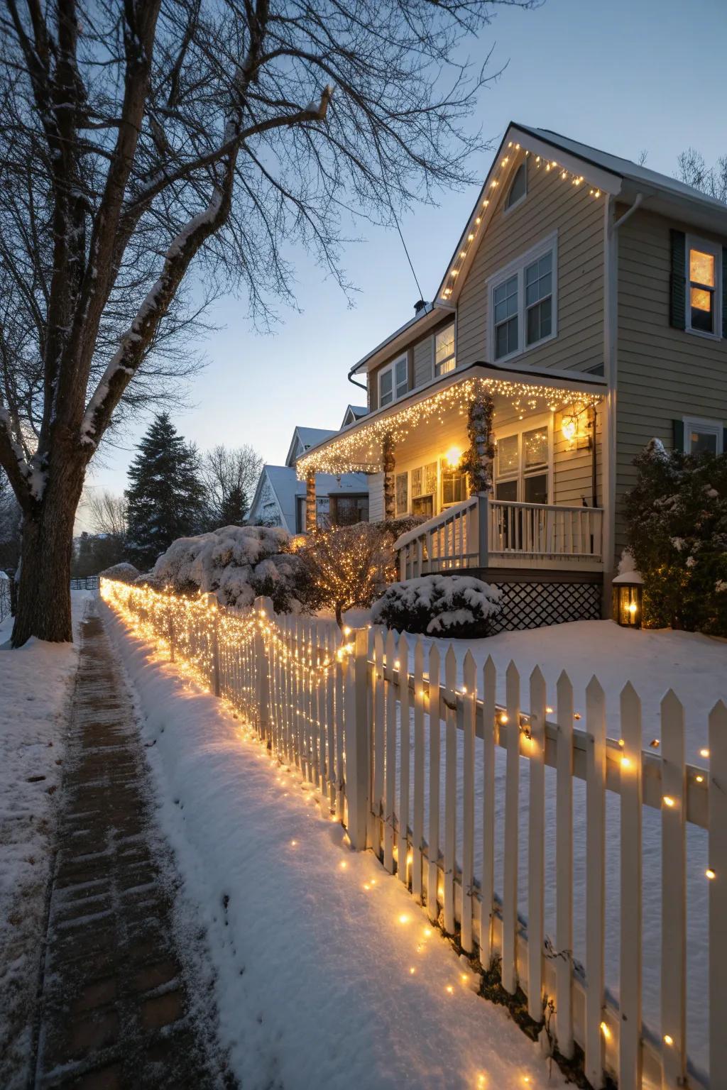 Create a grand display with coordinated house and fence decorations.