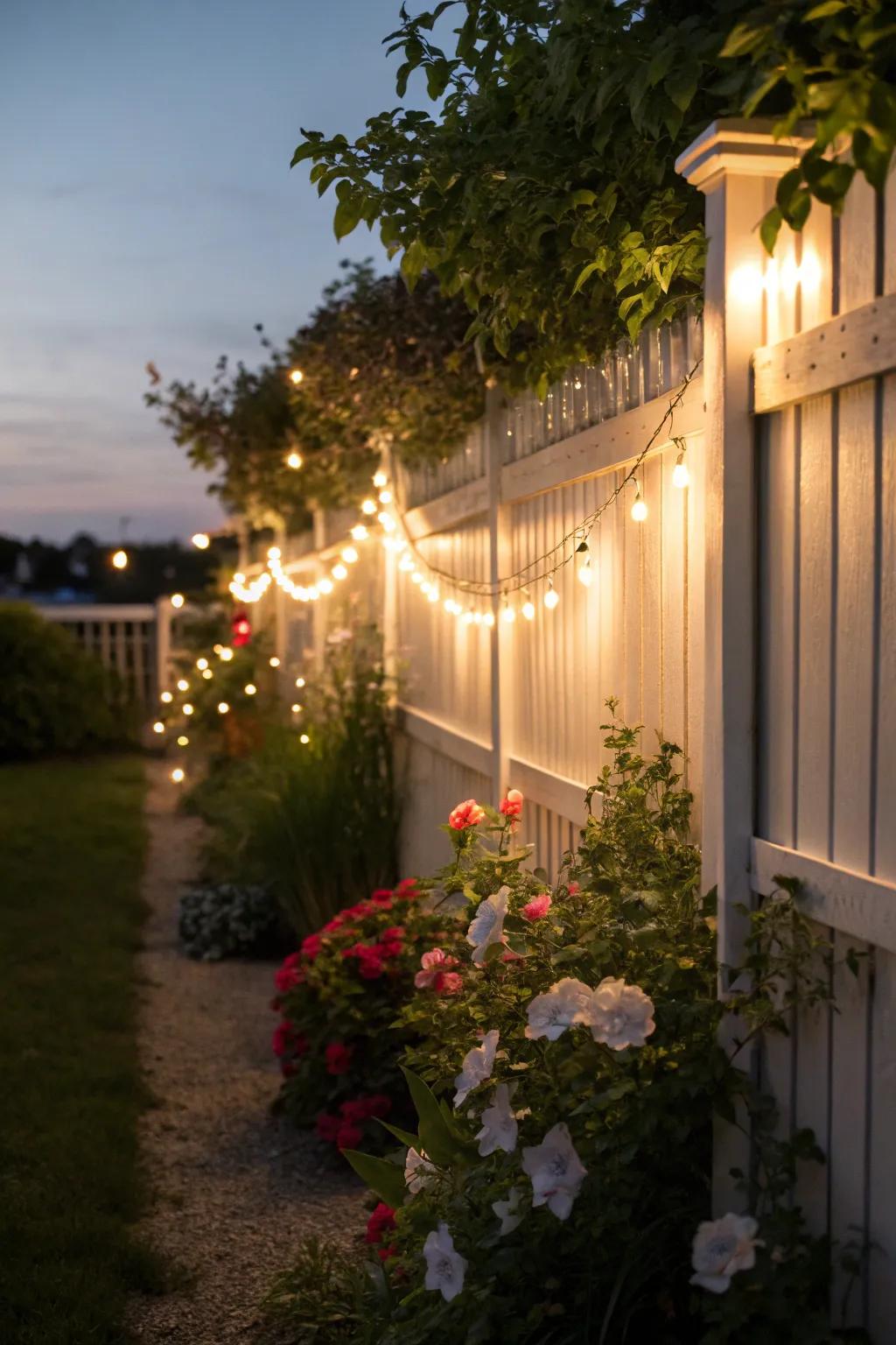 Classic string lights drape elegantly over this garden fence.