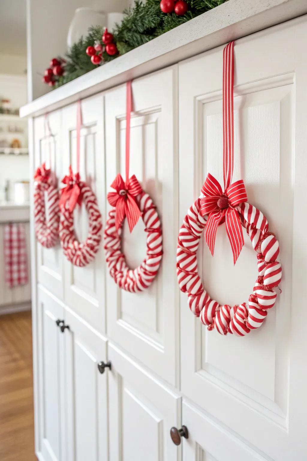 Mini candy cane wreaths add charm to small spaces.