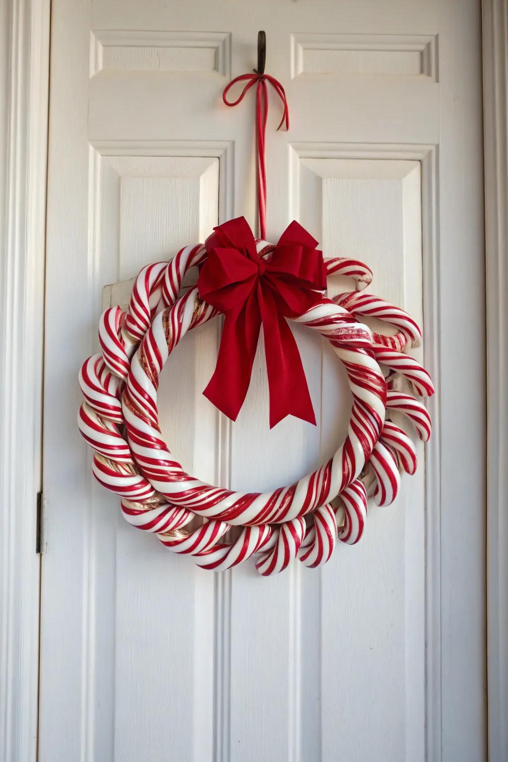A traditional candy cane wreath in classic red and white.