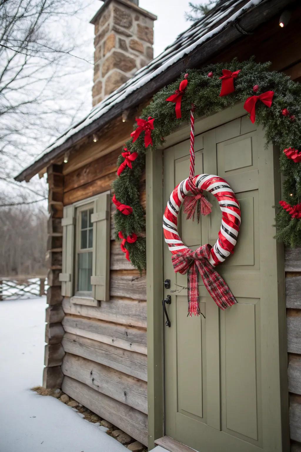 Plaid fabric adds a cozy touch to your candy cane wreath.