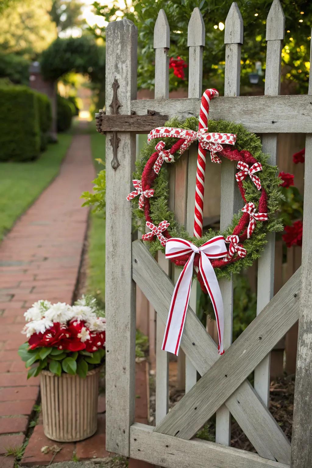 Crossed candy canes create a whimsical wreath design.