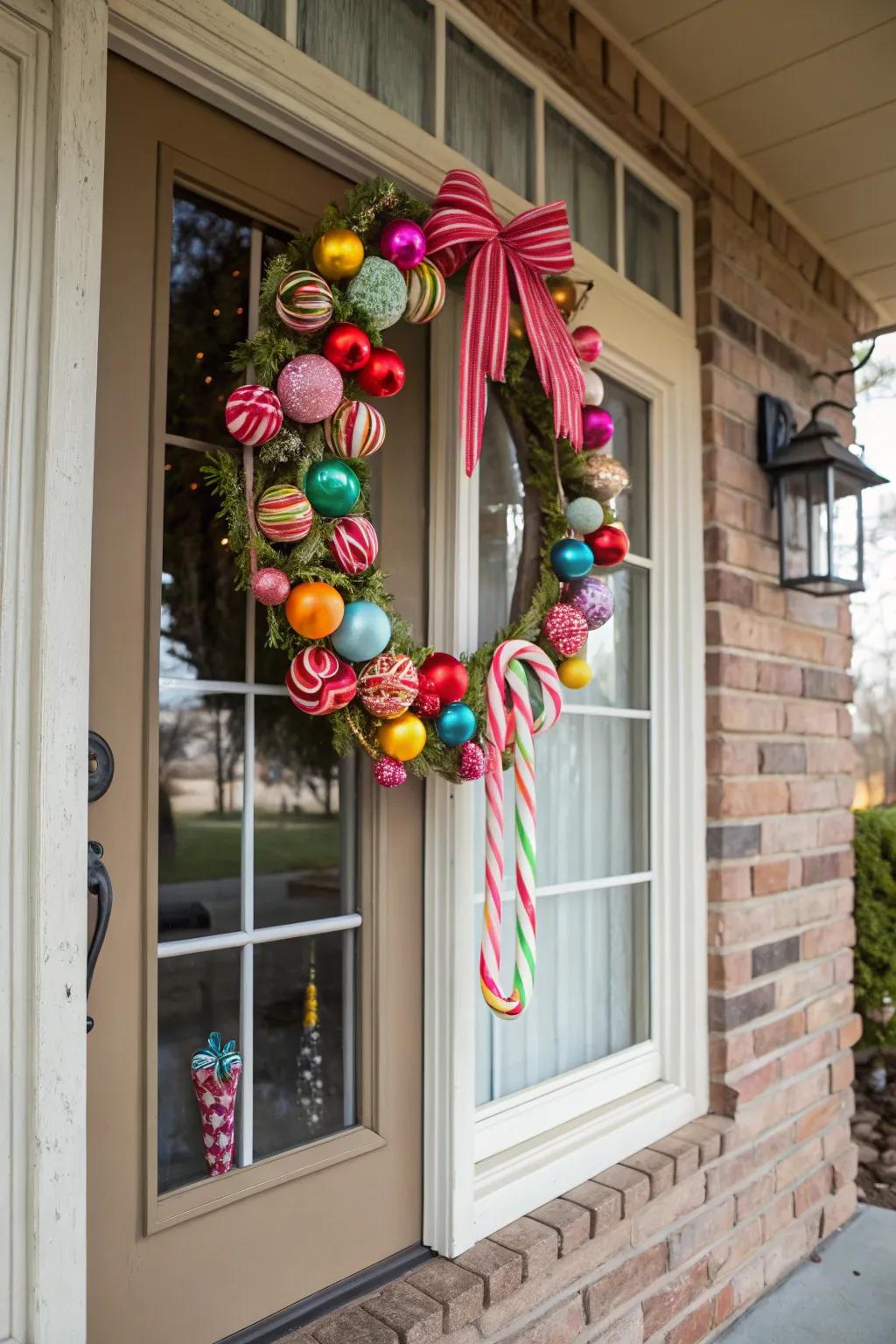 An eclectic mix of ornaments personalizes your wreath.