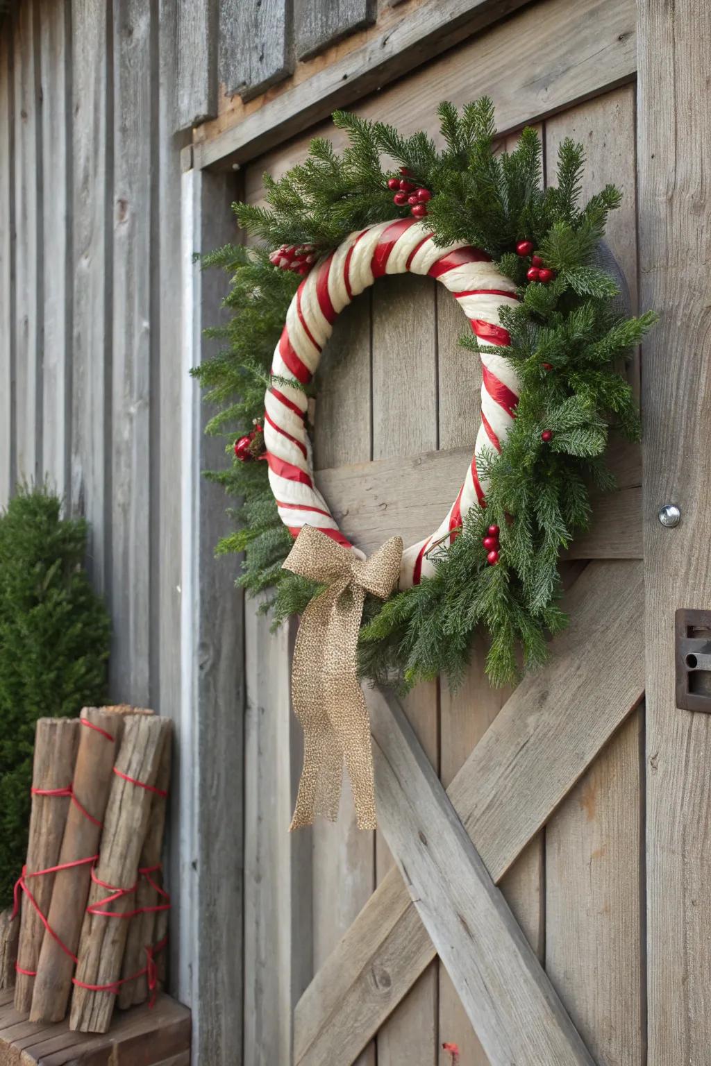 Rustic charm meets festive fun in this candy cane wreath.
