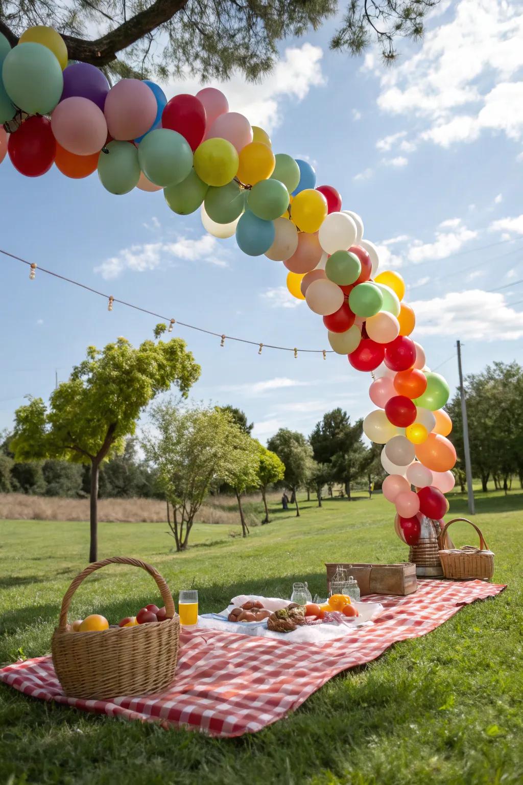 A festive balloon garland adding color to a picnic.