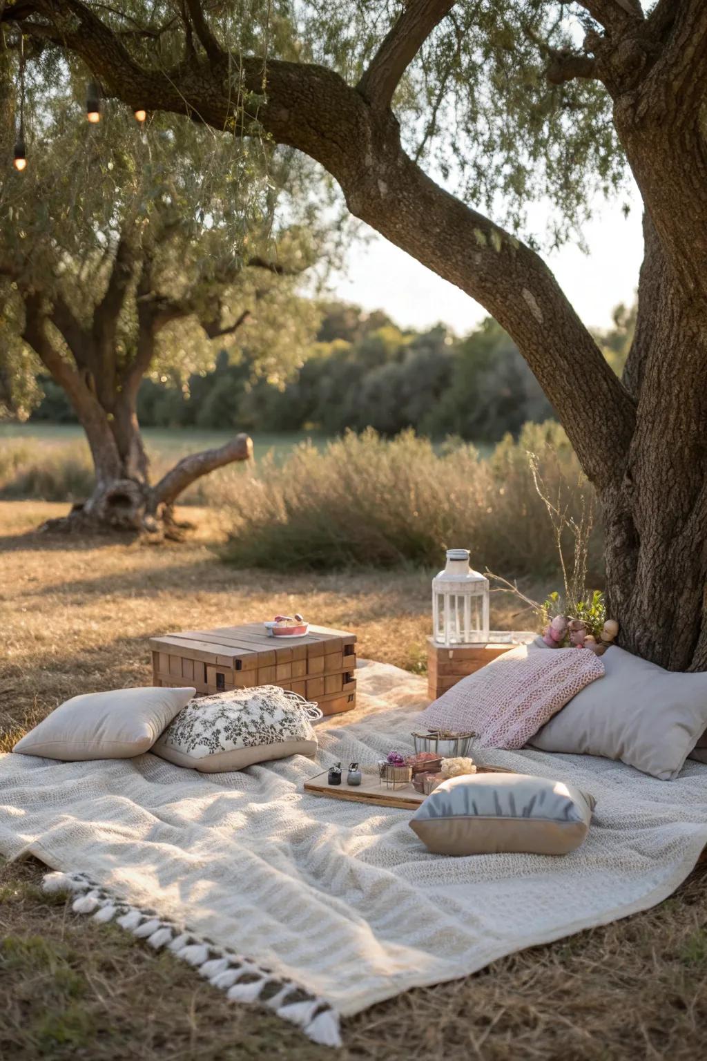 A cozy picnic nook under a shady tree.