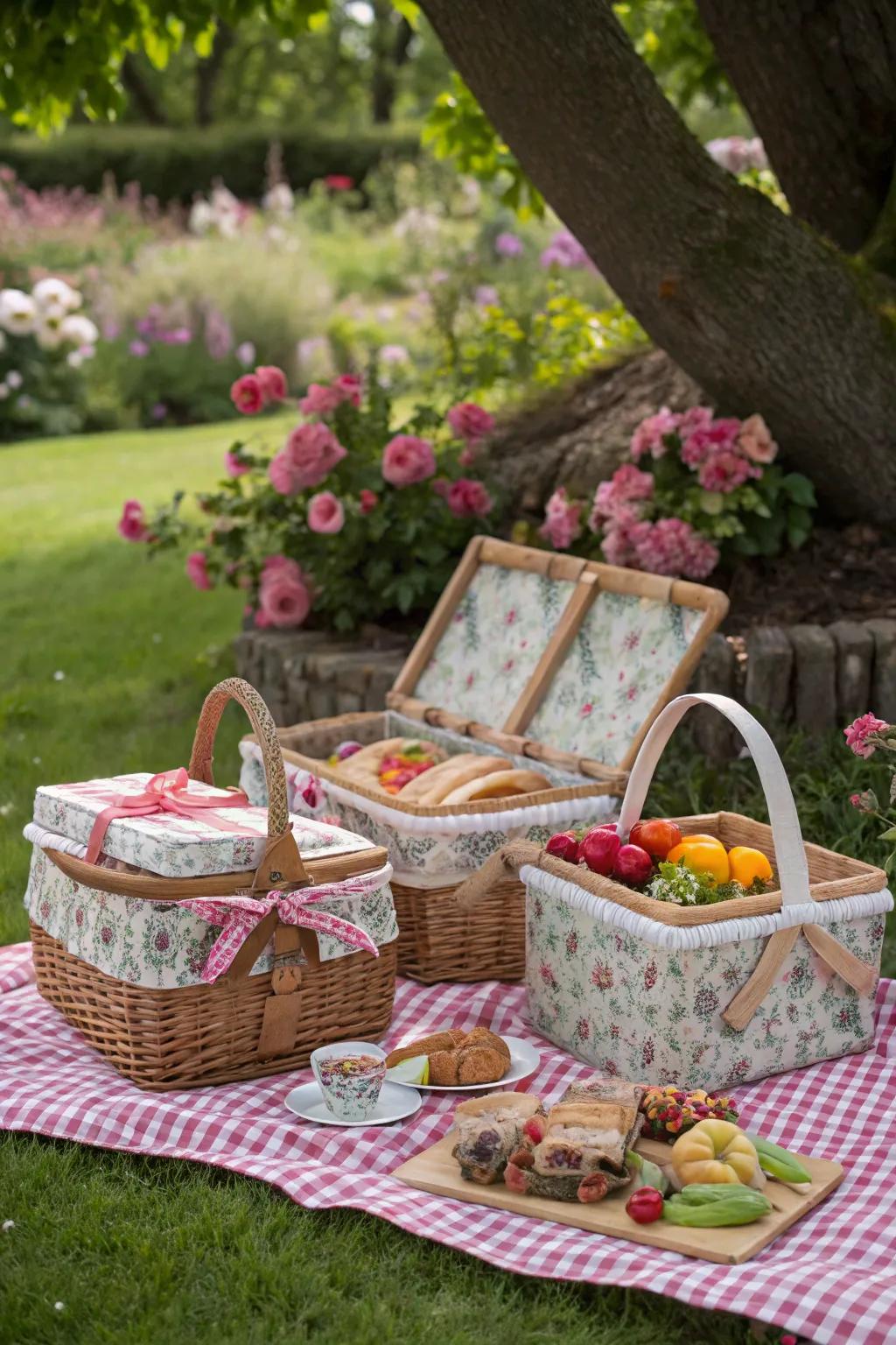 Vintage picnic baskets adding charm to a gathering.