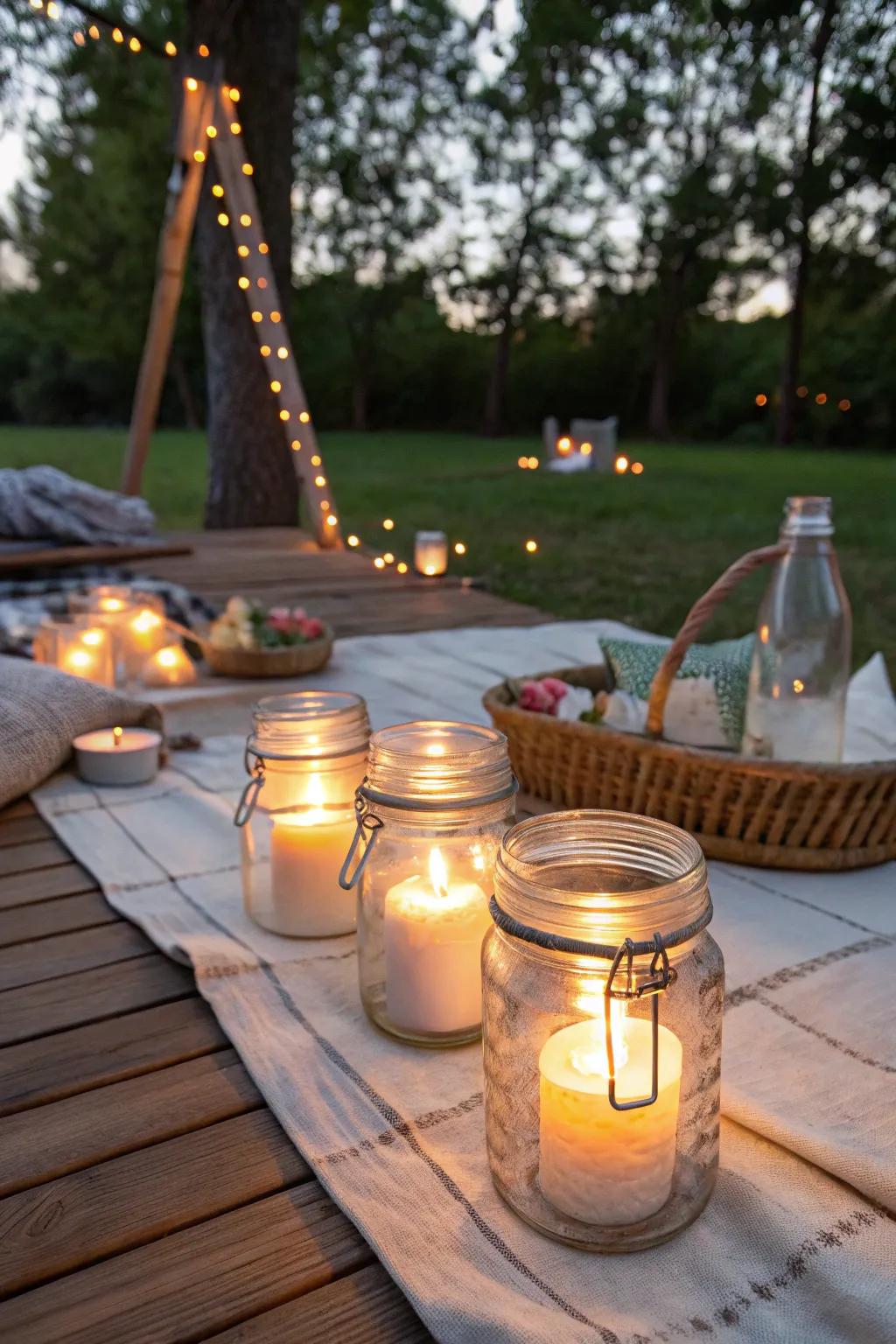 DIY lanterns casting a warm glow over a picnic.