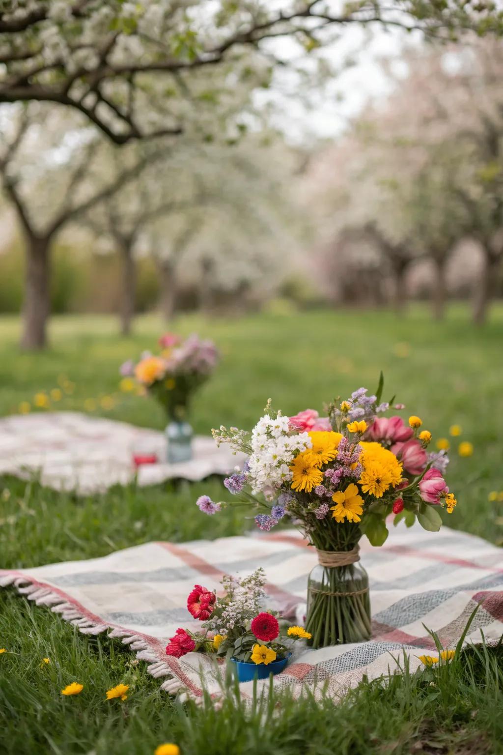 Spring flower bouquets adding charm to a picnic.