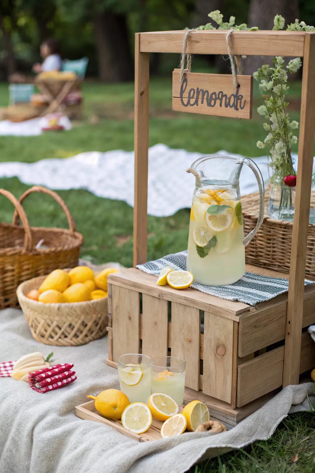 A charming lemonade stand at an Easter picnic.
