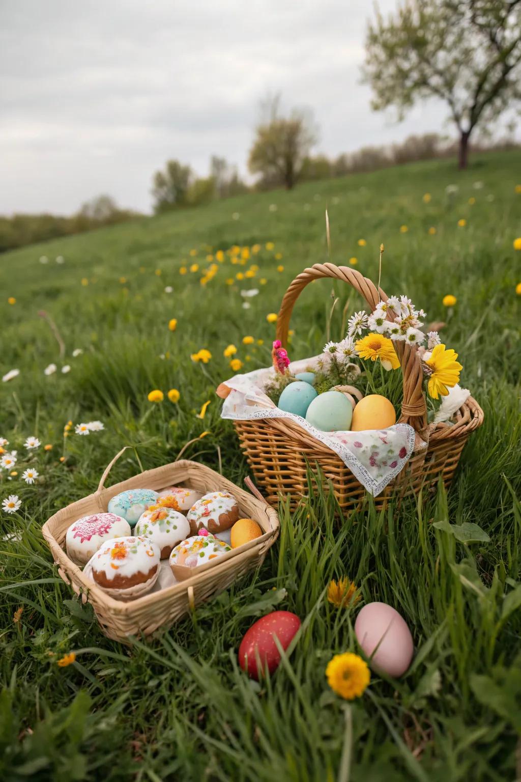 A picnic basket overflowing with Easter treats.