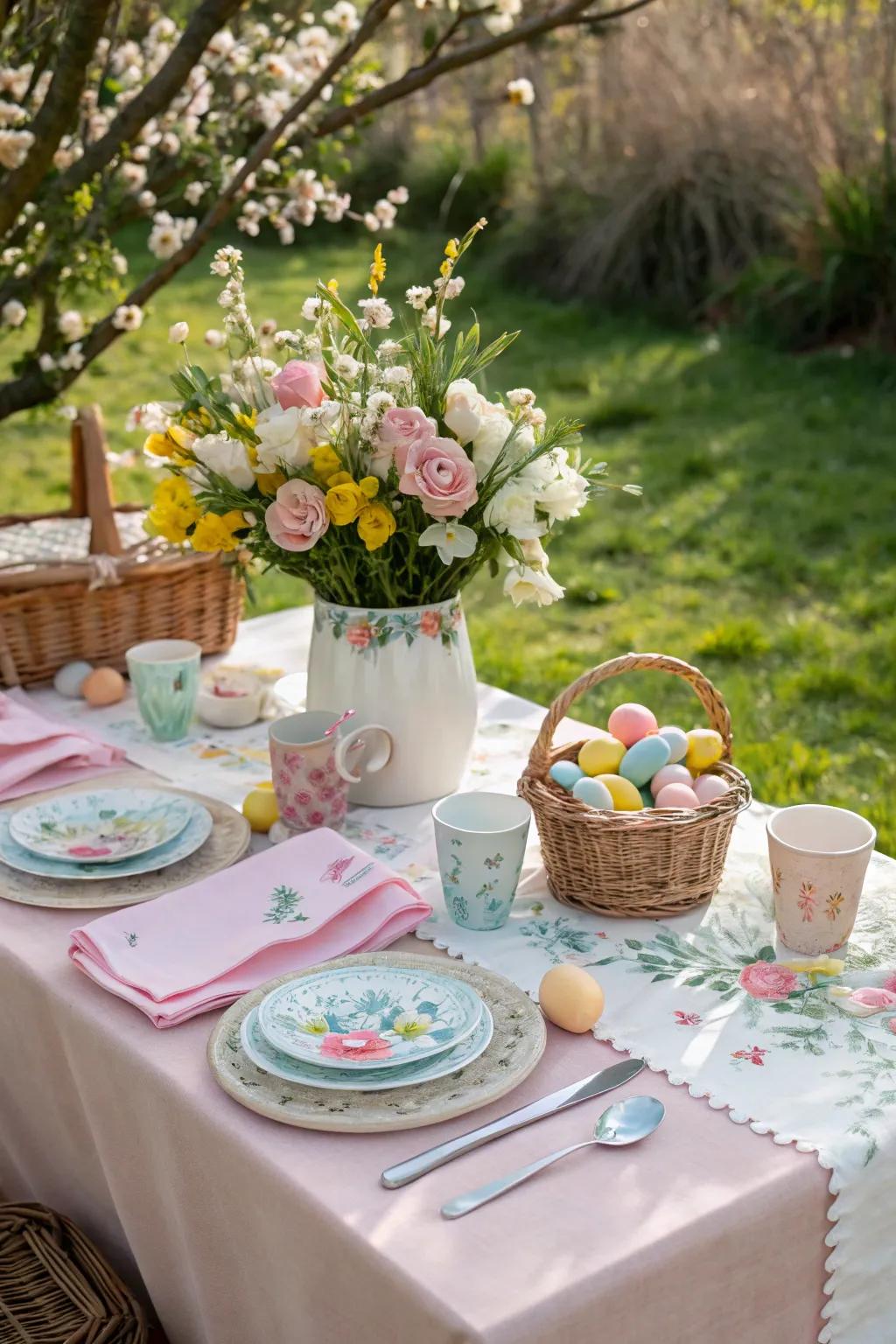 A beautifully decorated Easter picnic table with pastel accents.