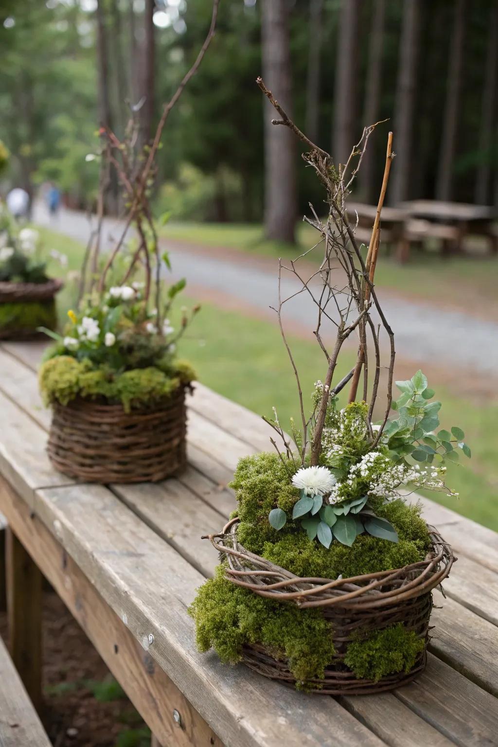 Nature-inspired centerpieces adding a rustic touch.