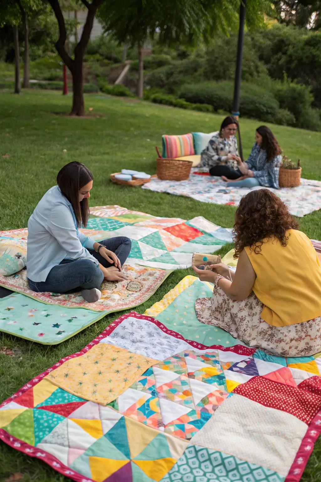 Colorful quilts providing stylish seating at a picnic.