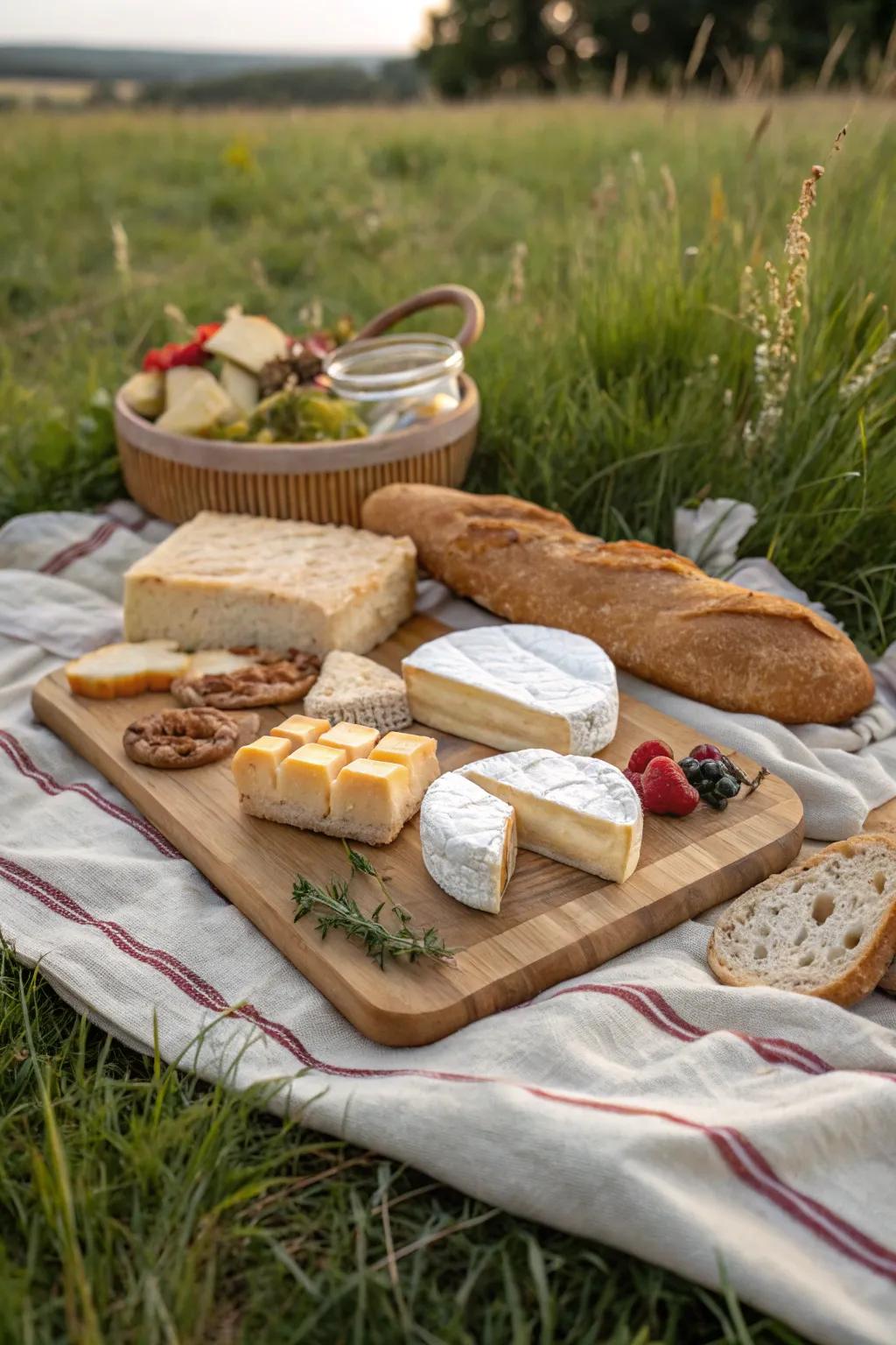 A rustic cheese board perfect for a sophisticated picnic.