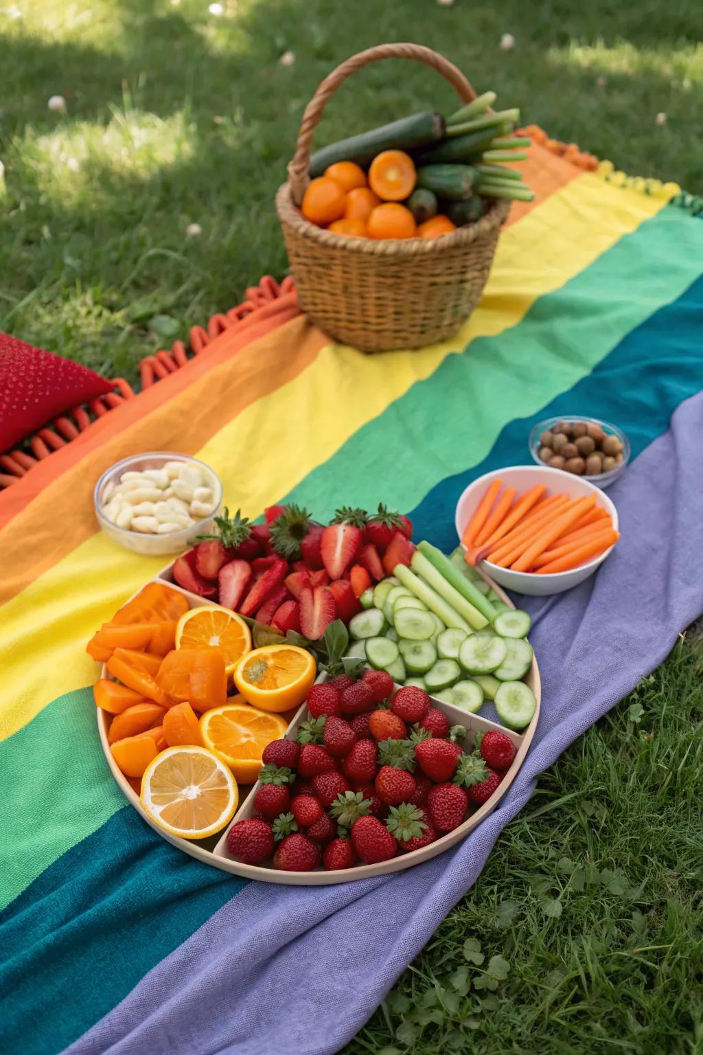 A vibrant rainbow of fruits and veggies at a picnic.
