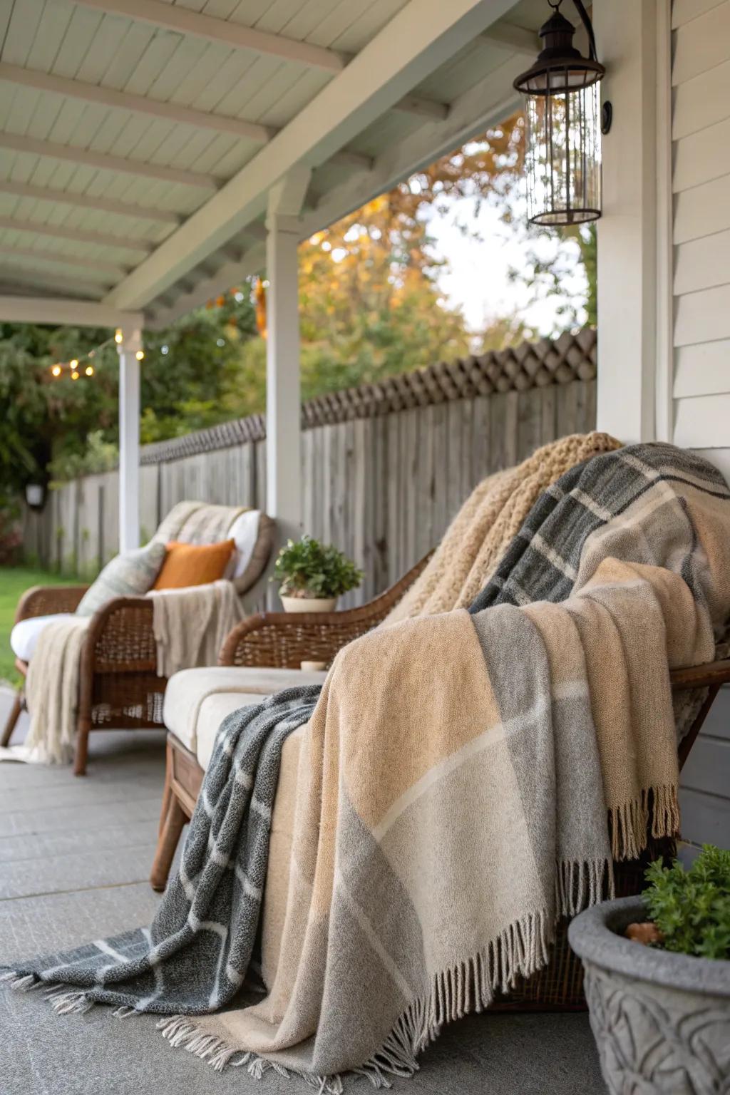 Blankets add comfort and warmth to your porch during chilly nights.