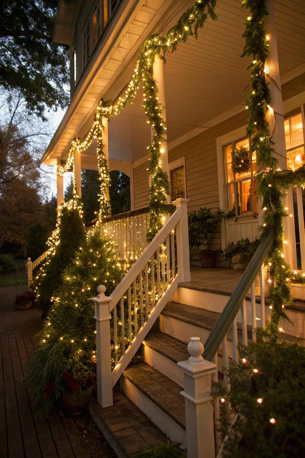 Garlands with lights provide a warm welcome to any porch.