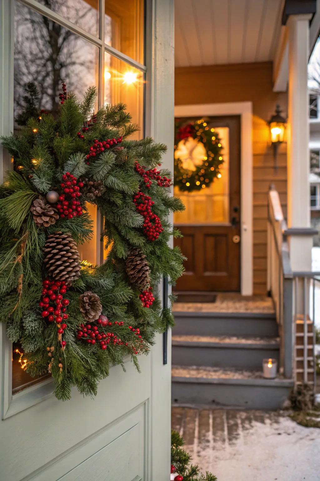 A classic wreath sets a festive tone at your doorstep.