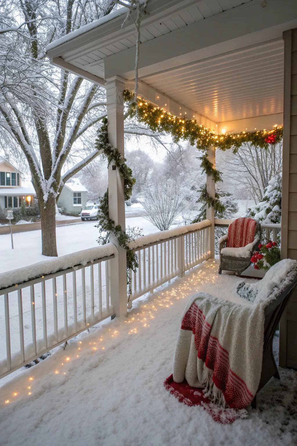 Artificial snow transforms your porch into a winter wonderland.