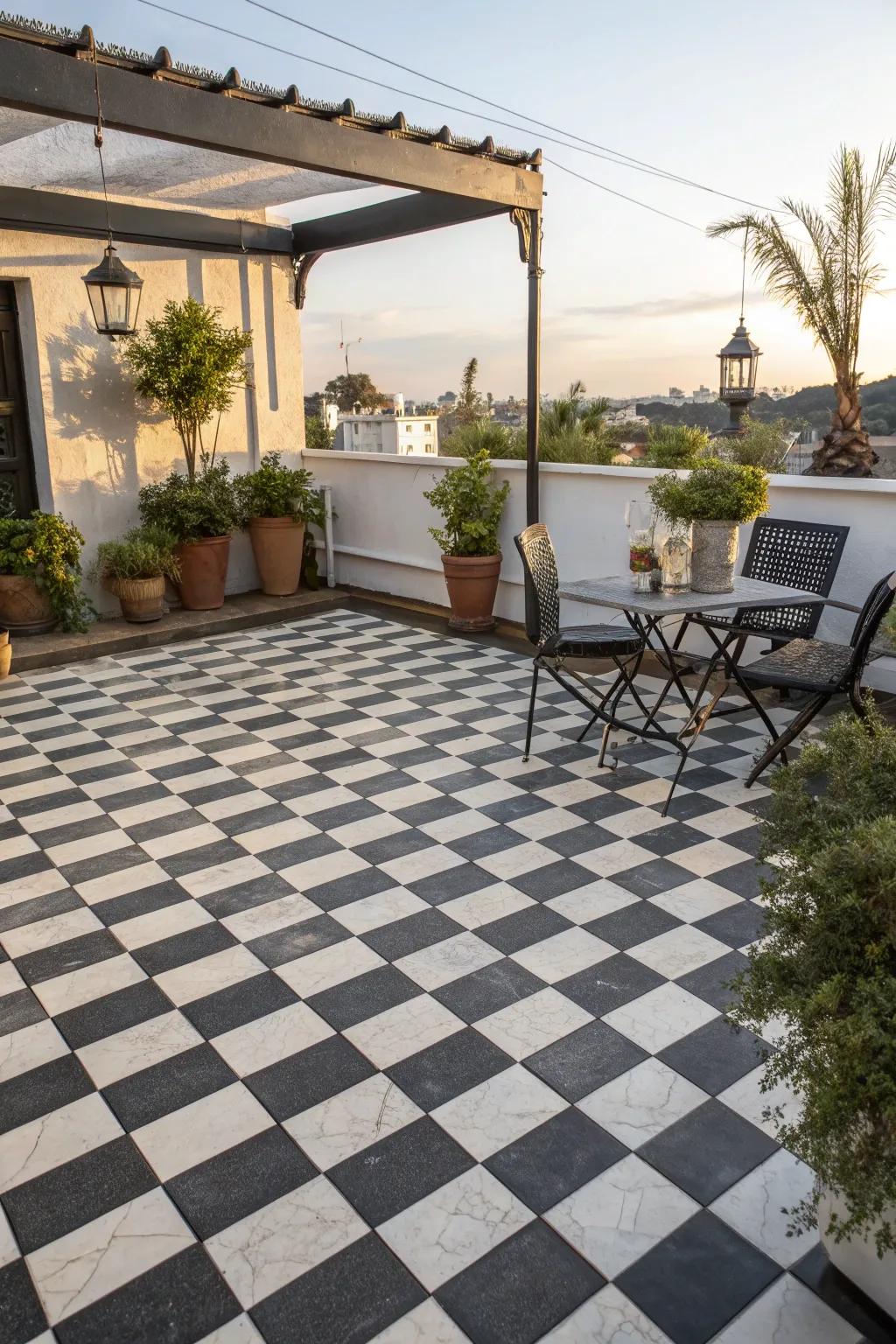 A checkerboard tile pattern adds sophistication to any patio.