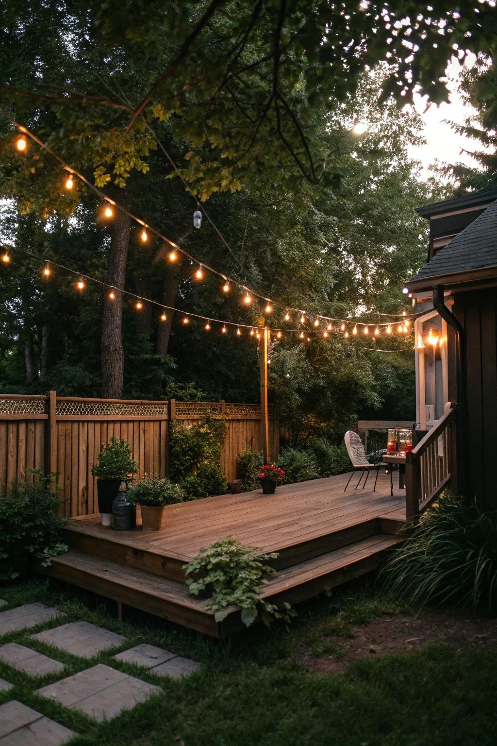 Enchanting string lights create a magical ambiance.