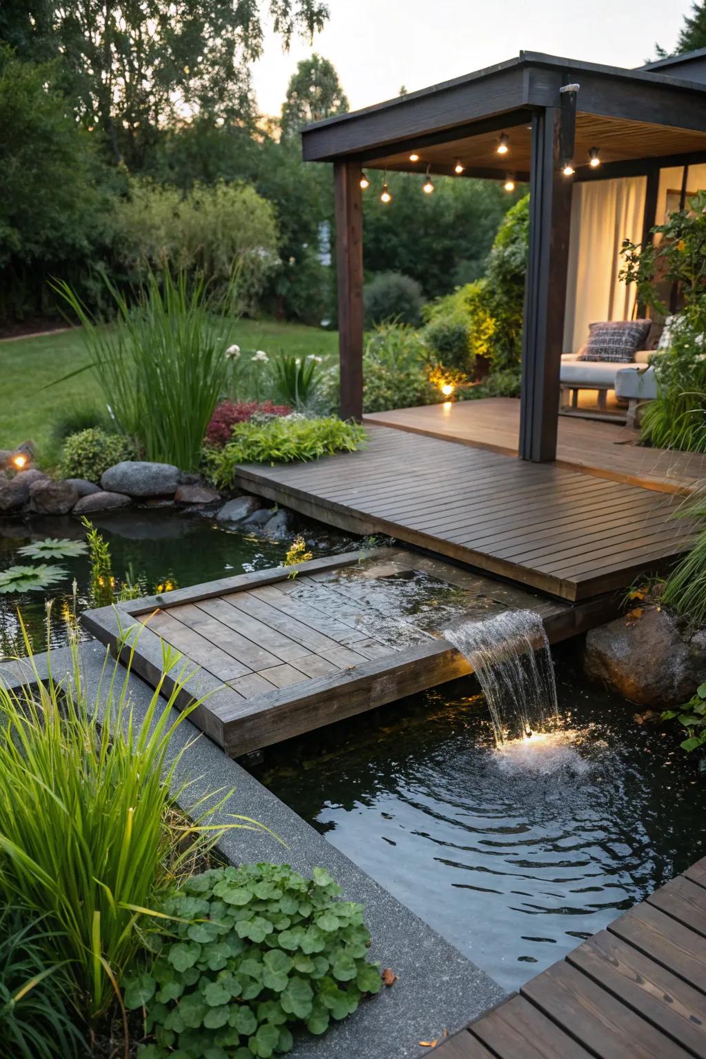 A water feature adds tranquility and elegance.