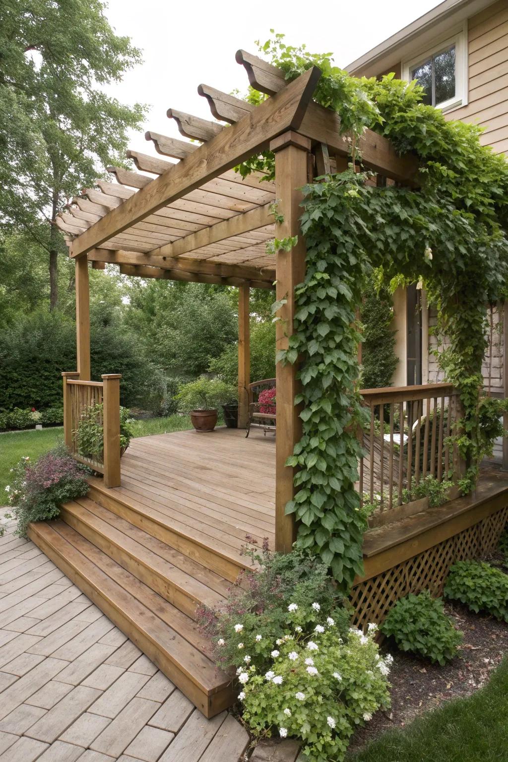 A pergola offers shade and an inviting structure.