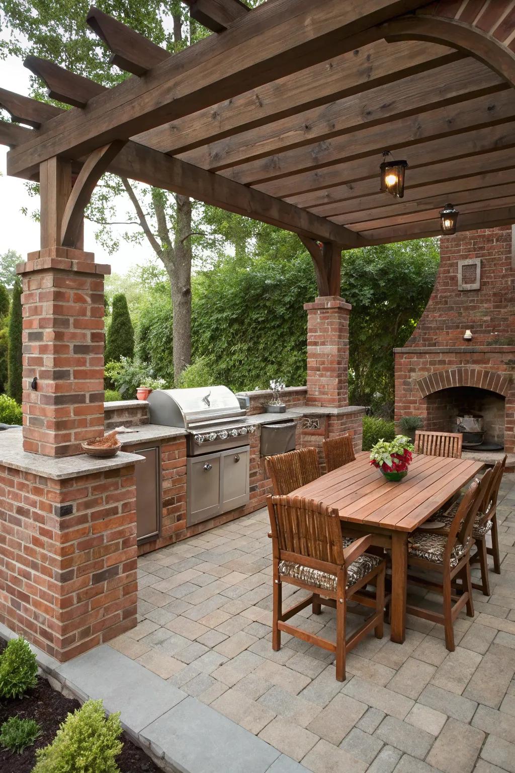 Covered comfort with a pergola over the brick kitchen.
