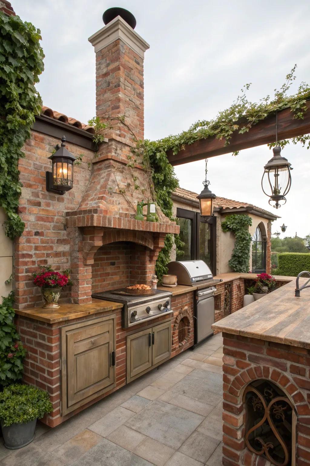 Vintage charm with antique finishes in a brick kitchen.