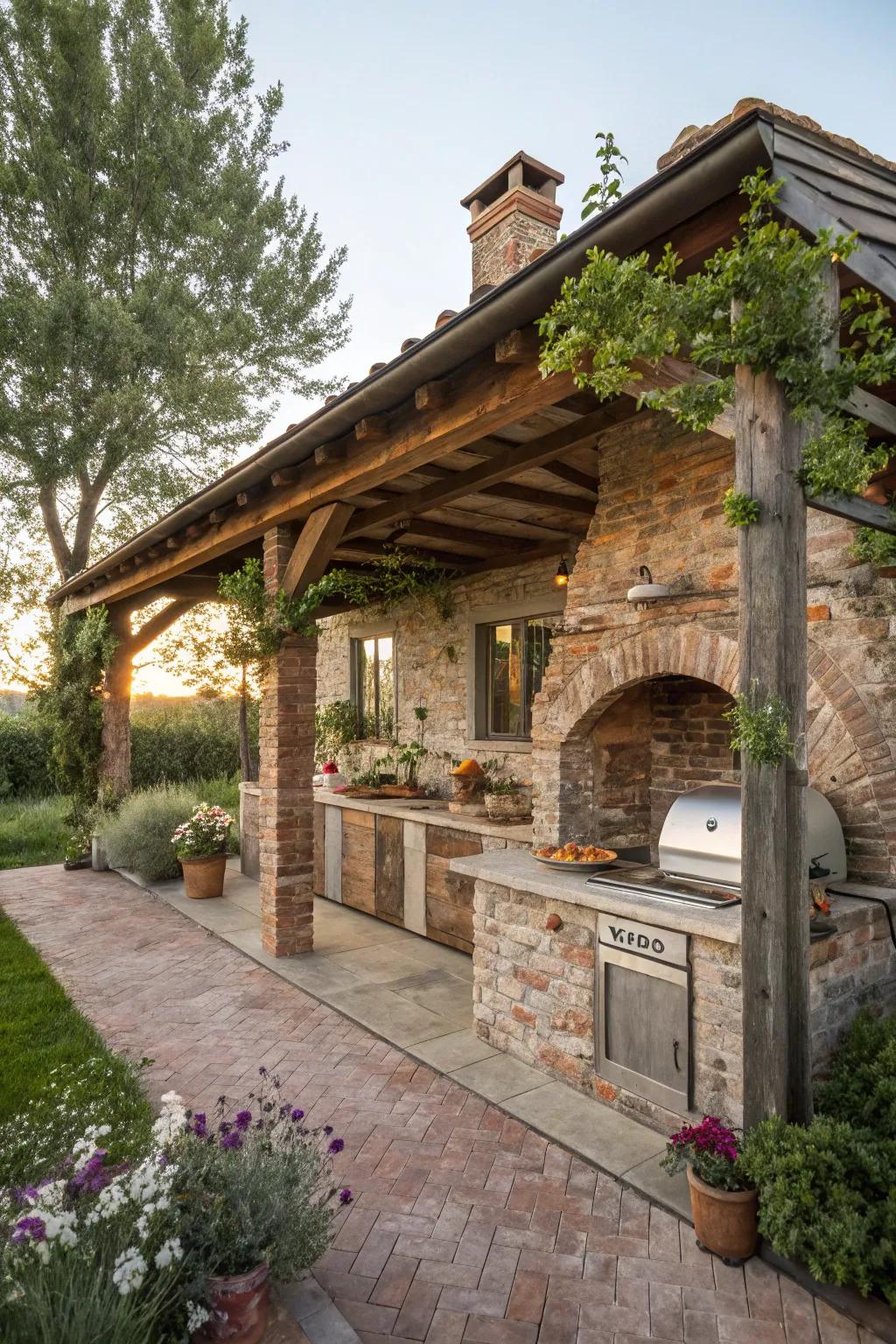 Rustic farmhouse charm with brick and wood elements.