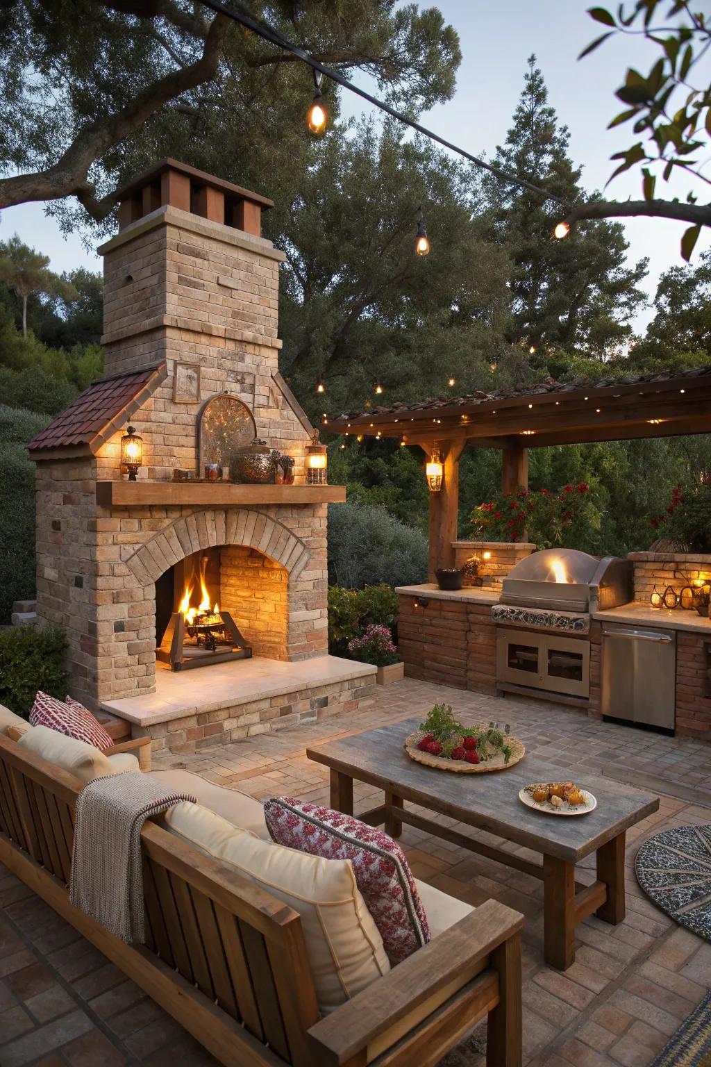Cozy up by the fireplace in this inviting outdoor kitchen.