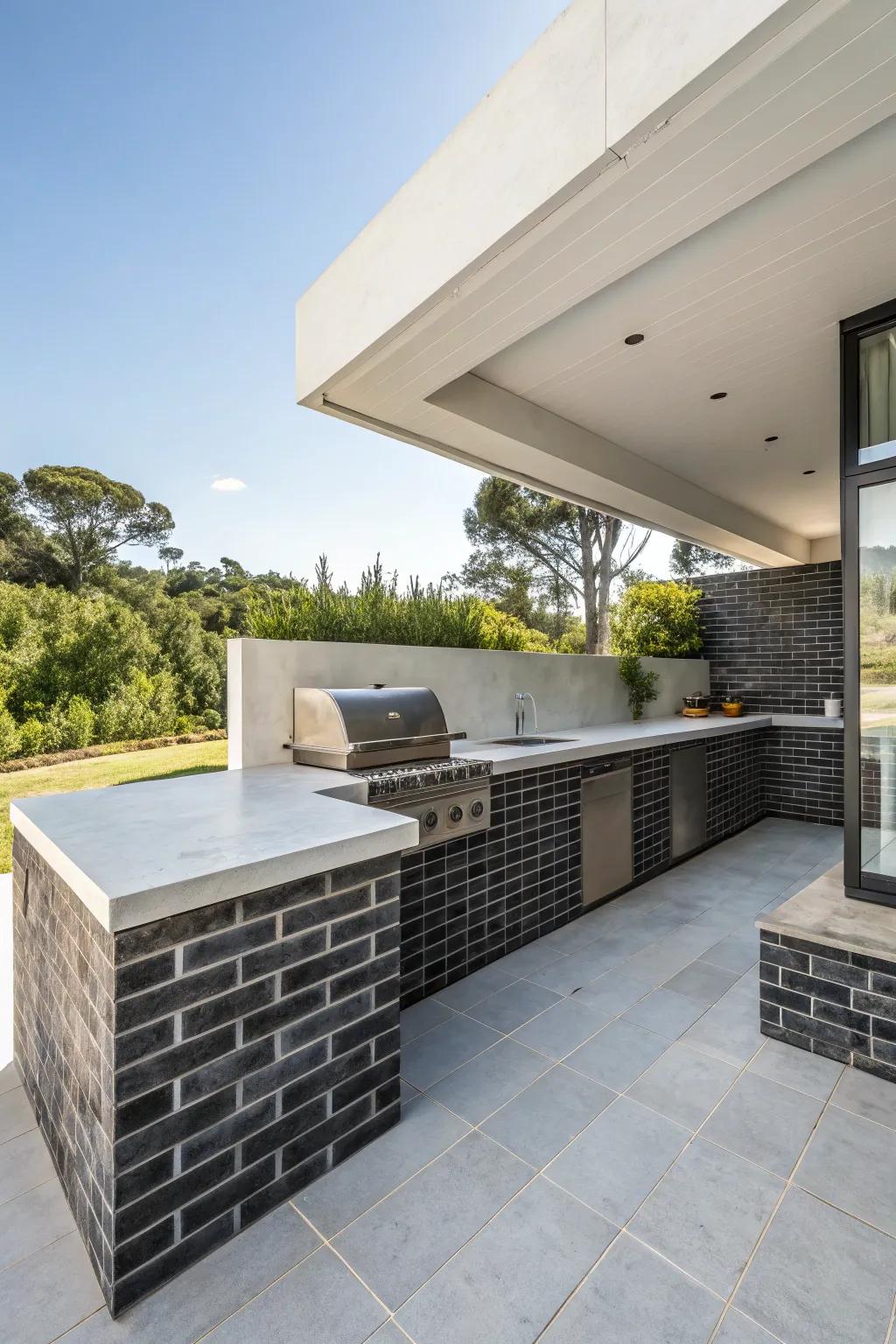 Sleek and modern brick outdoor kitchen design.
