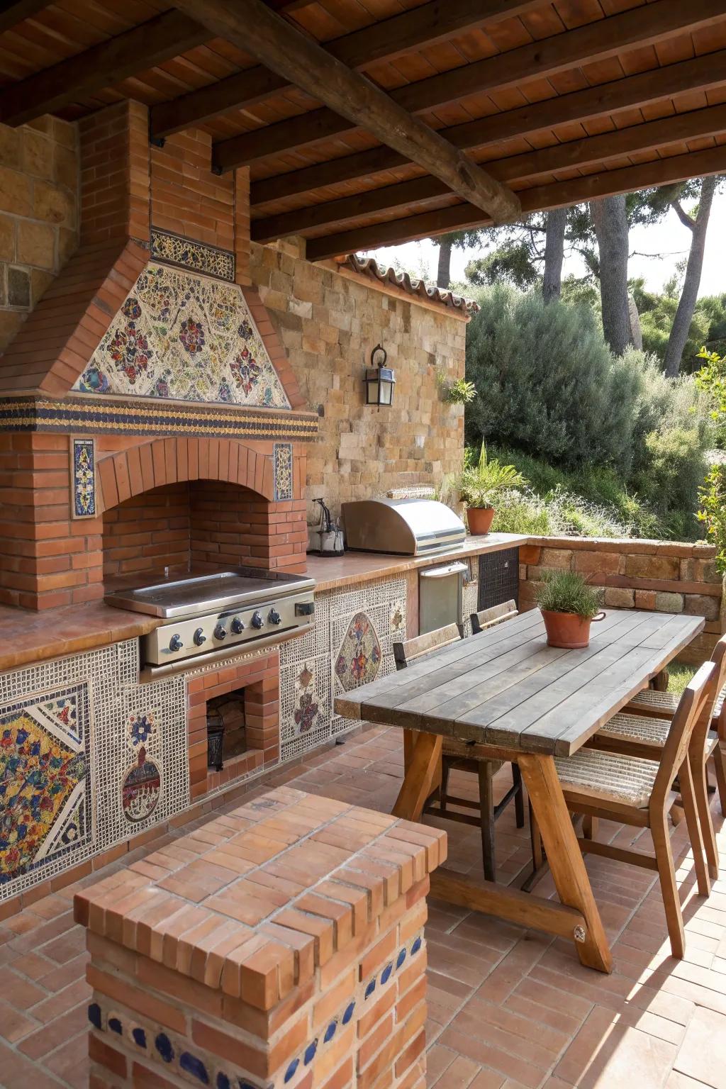 Mediterranean warmth with terracotta bricks and mosaic details.