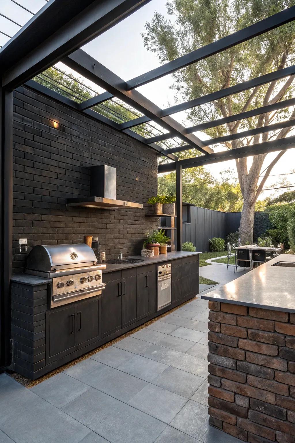 Industrial edge with dark bricks and metal accents.