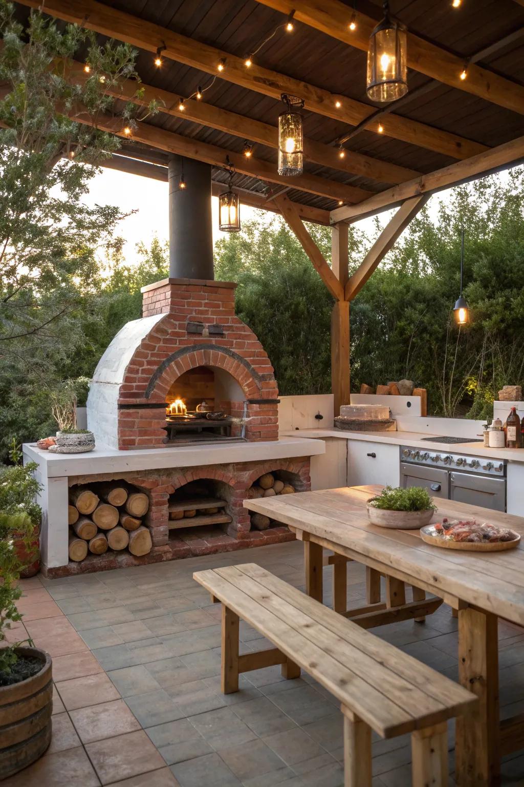 Classic charm with a brick oven as the centerpiece of the outdoor kitchen.