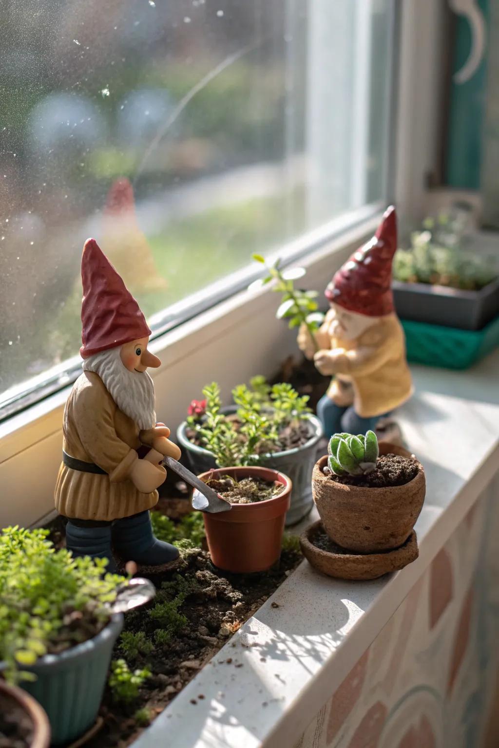 Bring the garden indoors with gnomes tending tiny gardens.